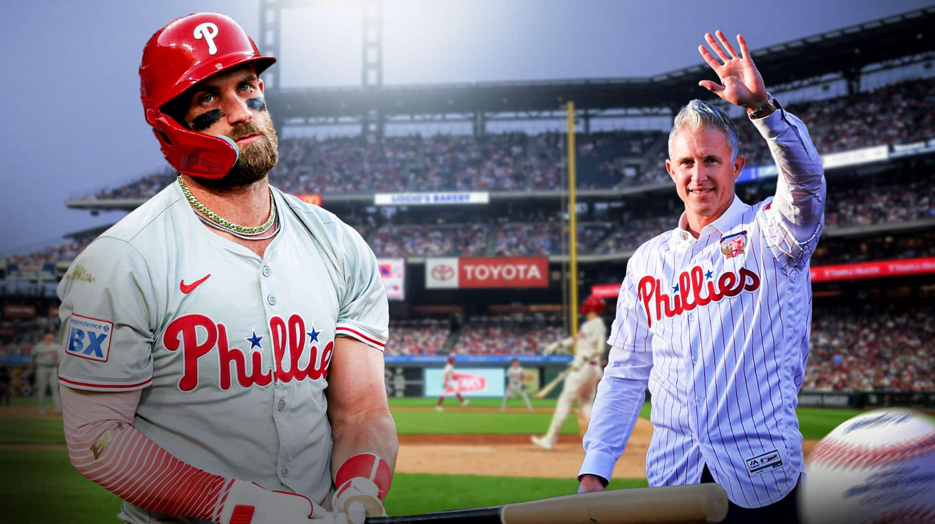 Philadelphia Phillies star Bryce Harper and former star Chase Utley in front of Citizens Bank Park.