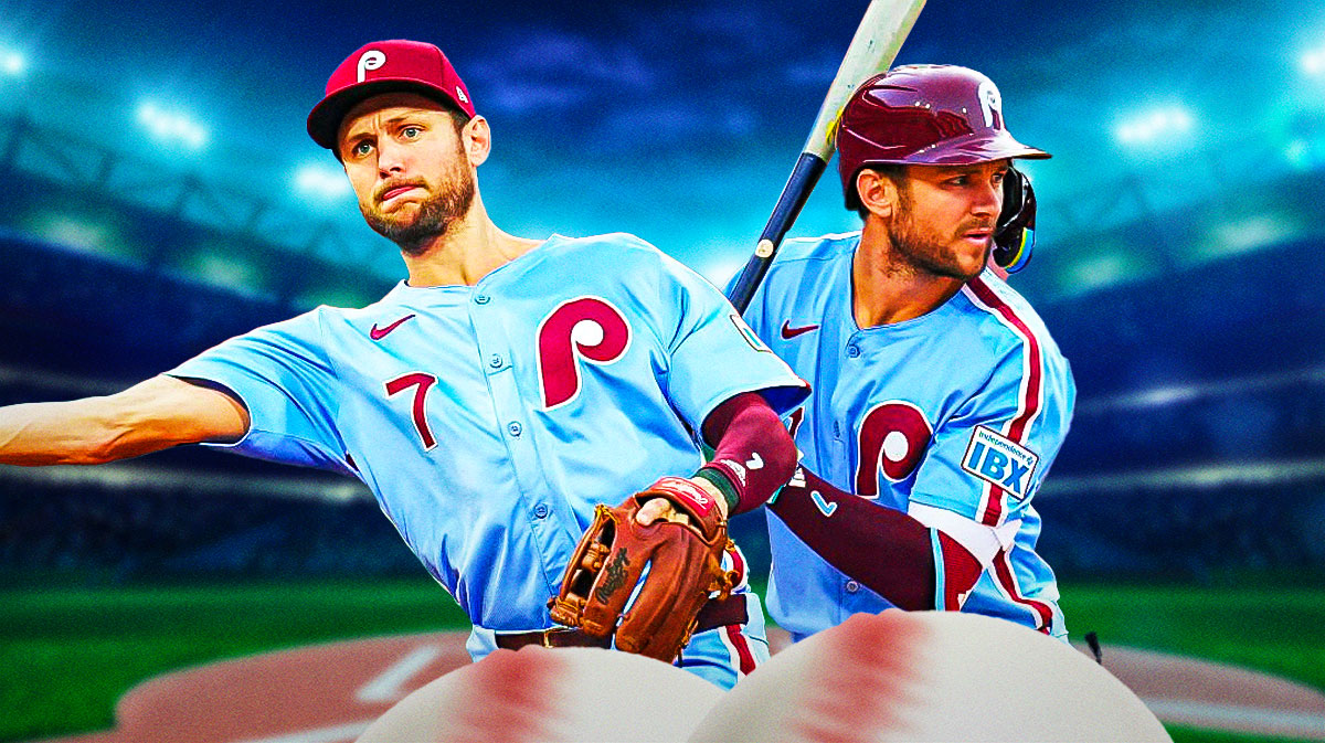 Philadelphia Phillies star Trea Turner in front of Citizens Bank Field.