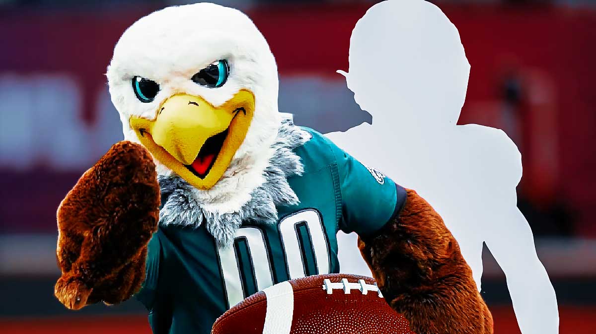 Philadelphia Eagles mascot (SWOOP) with a silhouette of Cooper DeJean (EAGLES ROOKIE)