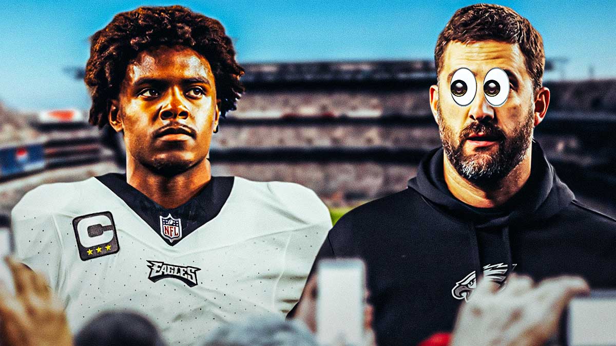 New Philadelphia Eagles star Jahan Dotson in an Eagles uniform. Nick Sirianni with big eye emojis in front of Lincoln Financial Field.