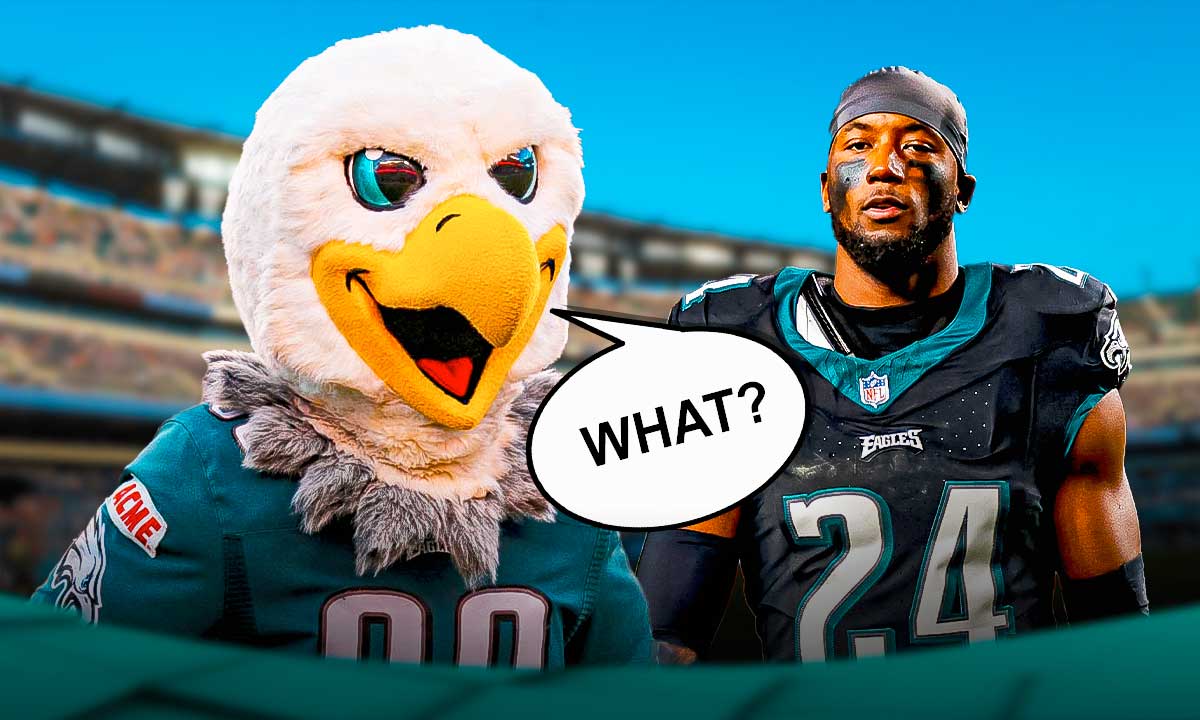 Eagles mascot Swoop with a text bubble reading "What?" next to James Bradberry in front of Lincoln Financial Field.