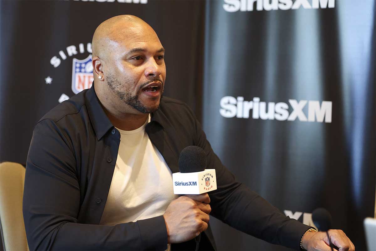 Las Vegas Raiders head coach Antonio Pierce talks to media during the NFL annual league meetings at the JW Marriott.