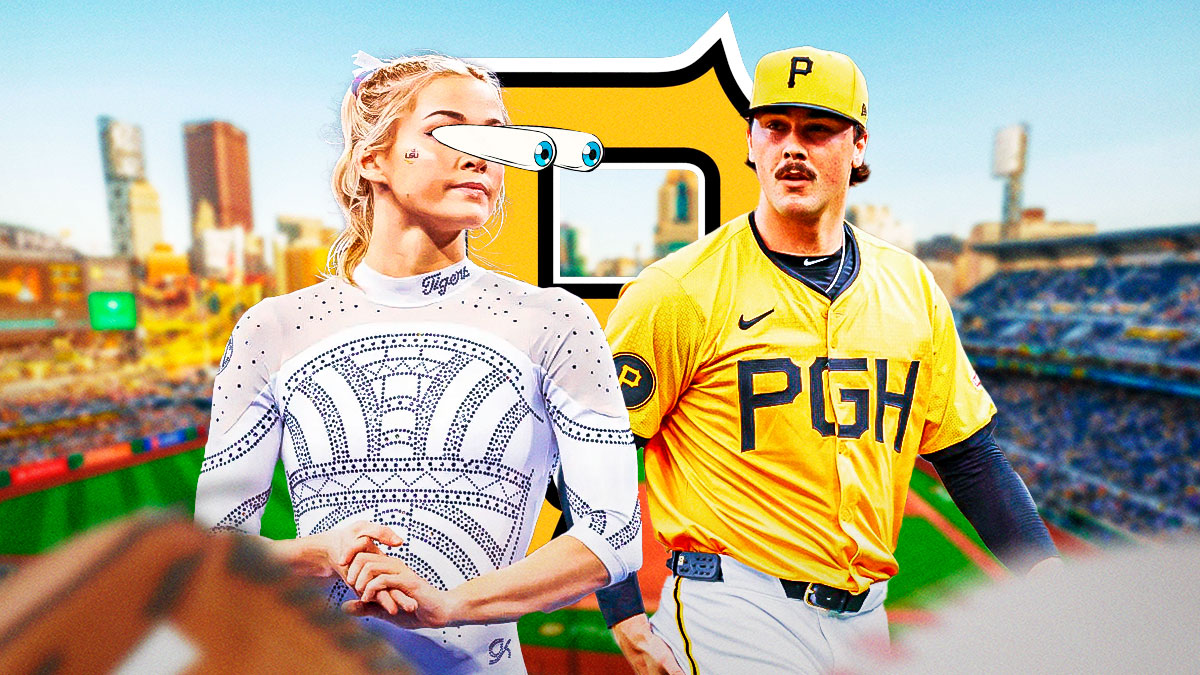 Olivia Dunne on left with eyes popping out looking at Pirates Paul Skenes and the Pirates logo.