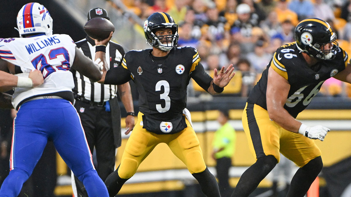 Pittsburgh Steelers quarterback Russell Wilson (3) passes against the Buffalo Bills during the second quarter at Acrisure Stadium.