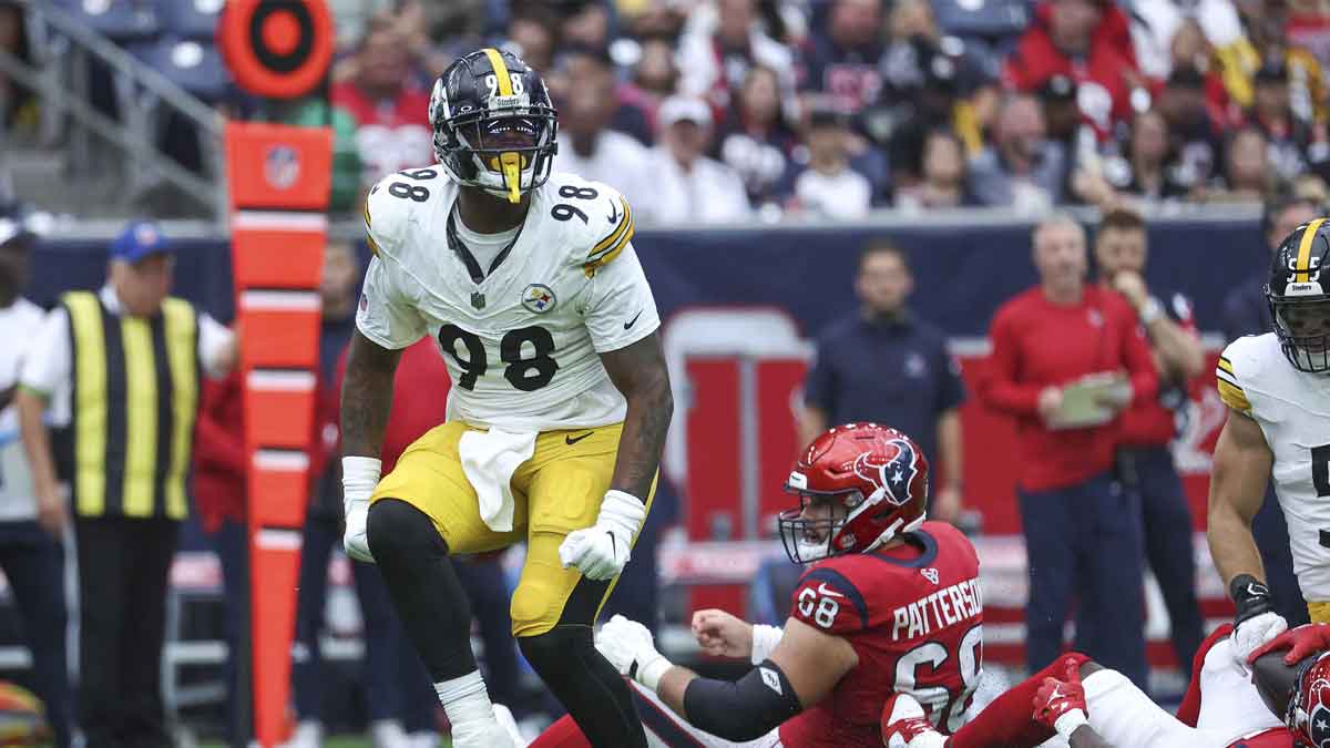 Oct 1, 2023; Houston, Texas, USA; Pittsburgh Steelers defensive end DeMarvin Leal (98) reacts after making a play during the game against the Houston Texans at NRG Stadium. Mandatory Credit: Troy Taormina-USA TODAY Sports