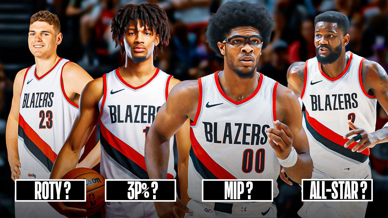 4 players with Stats Stamps and a ? to tease the prediction. Blazers Logo or court as the background. Scoot Henderson - MIP ? Deandre Ayton - All-Star ? Shaedon Sharpe - 3P% ? Donovan Clingan - ROTY ?