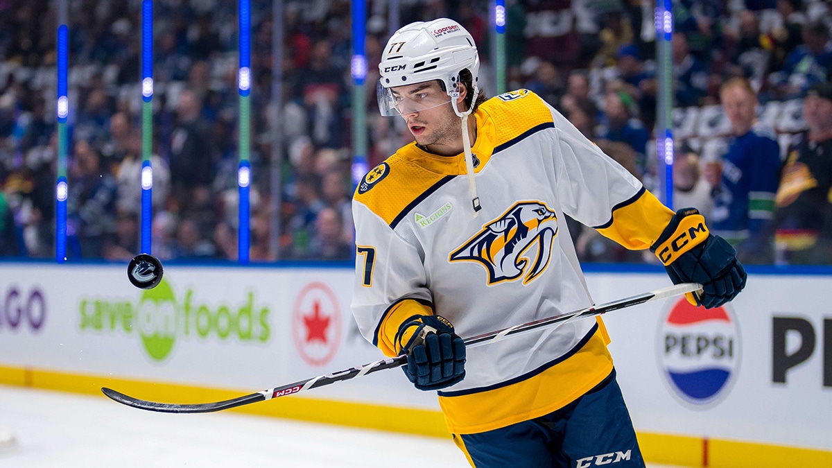 Nashville Predators forward Luke Evangelista (77) handles the puck during warm up prior to game one of the first round of the 2024 Stanley Cup Playoffs against the Vancouver Canucks at Rogers Arena.