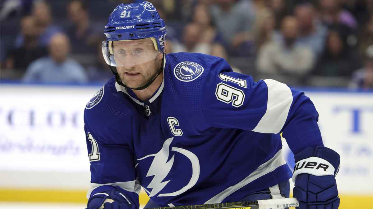 Tampa Bay Lightning center Steven Stamkos (91) waits for a face-off against the Toronto Maple Leafs in overtime at Amalie Arena.