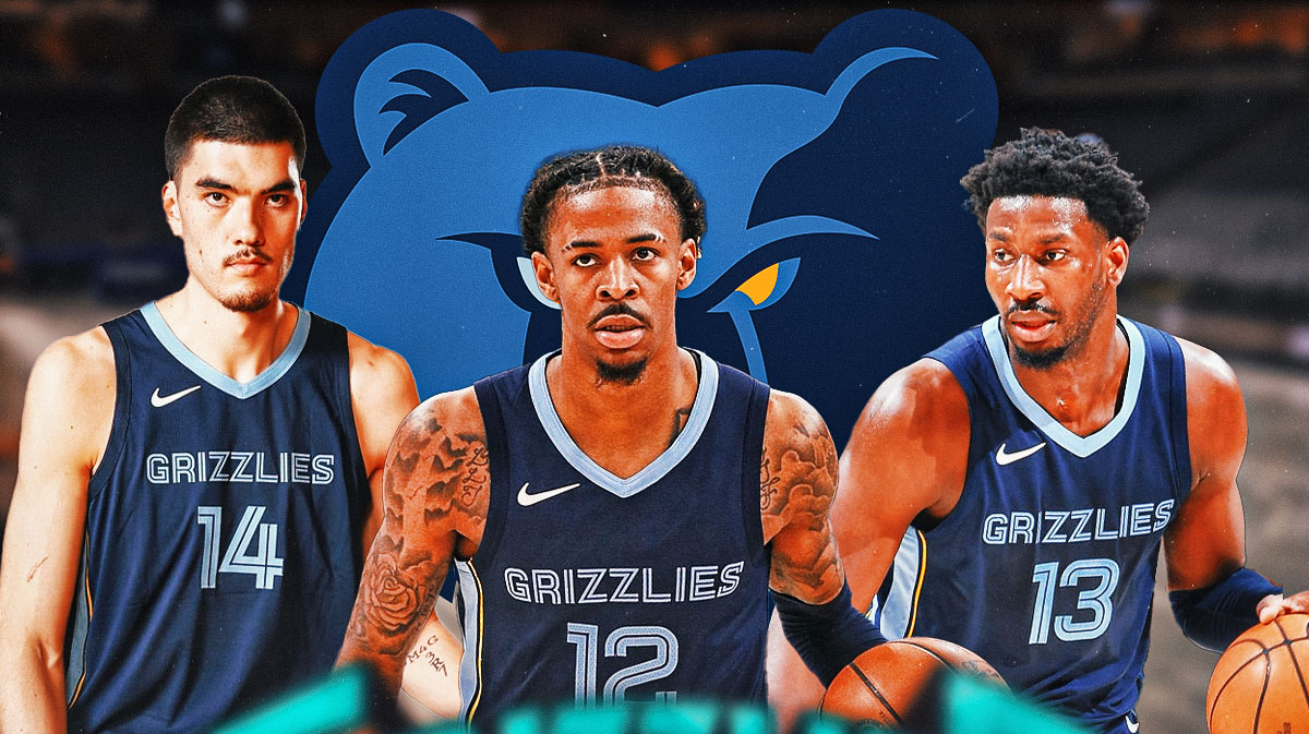 Ja Morant, Zach Edey, and Jaren Jackson Jr. with a huge Grizzlies logo background.