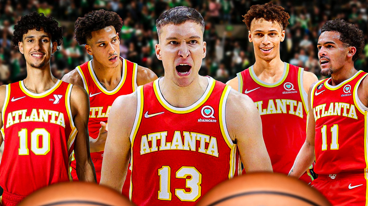 Bogdan Bogdanovic, Zaccharie Risacher, Trae Young, Jalen Johnson, and Dyson Daniels all in Hawks jerseys with a basketball court in the background.