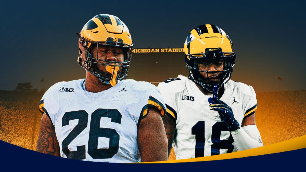 Michigan football, Wolverines, Michigan football defense, 2024 Michigan football, Rayshaun Benny, Rayshaun Benny and Ja'Den McBurrows in Michigan unis with Michigan football stadium in the background