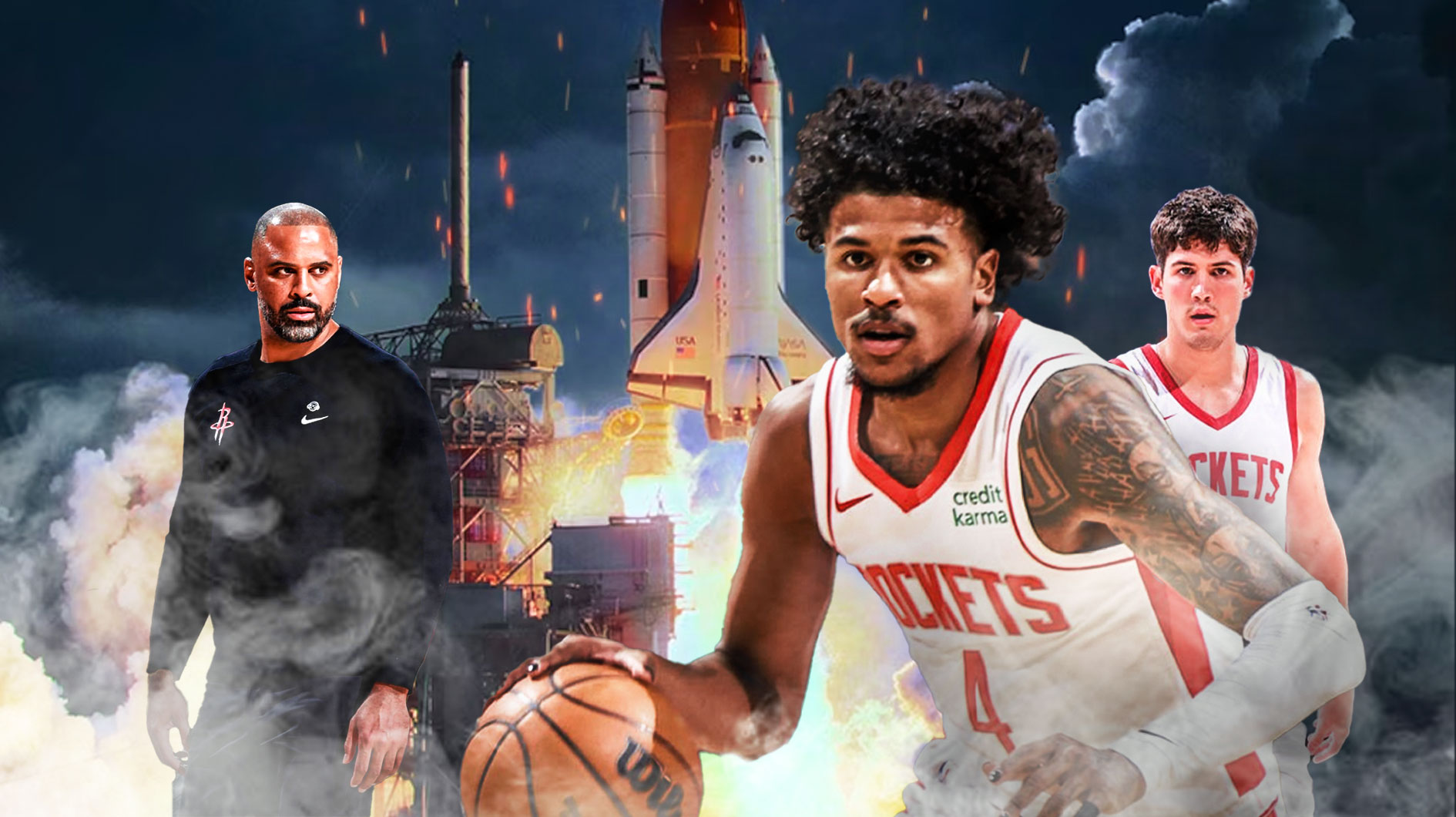 Rockets Reed Sheppard, Jalen Green and Ime Udoka next to a literal rocket ship.