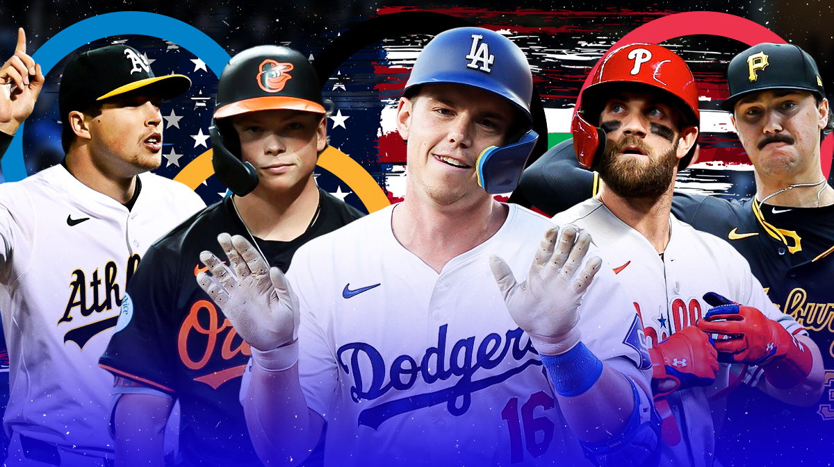 Paul Skenes, Jackson Holiday, Bryce Harper, Mason Miller, Will Smith (Dodgers) all together with American flag as the background and 2028 Olympics logo in front.