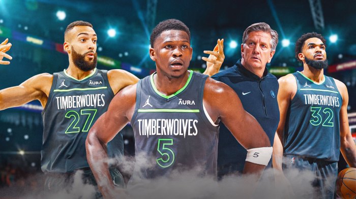 Rudy Gobert, Anthony Edwards, Chris Finch, Karl-Anthony Towns, Minnesota Timberwolves