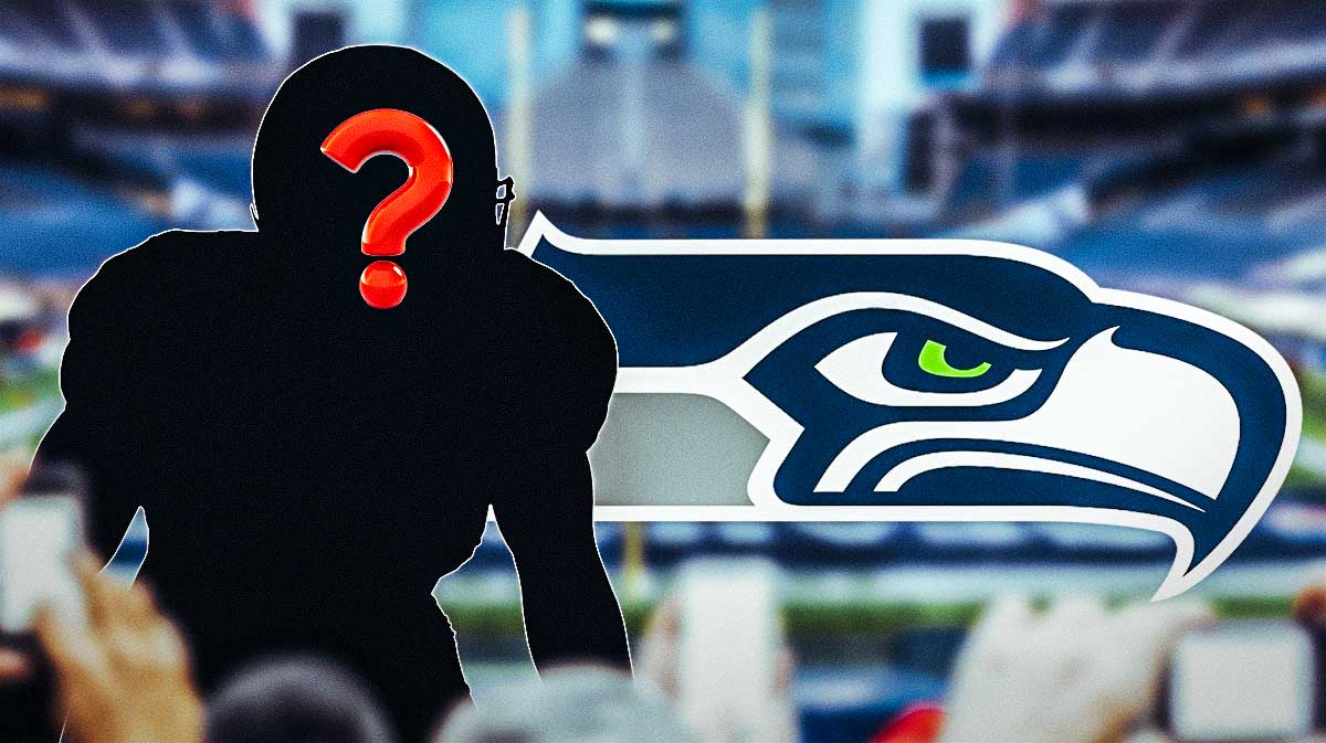 A silhouette of an American football player with a big question mark emoji inside. There is also a logo for the Seattle Seahawks.