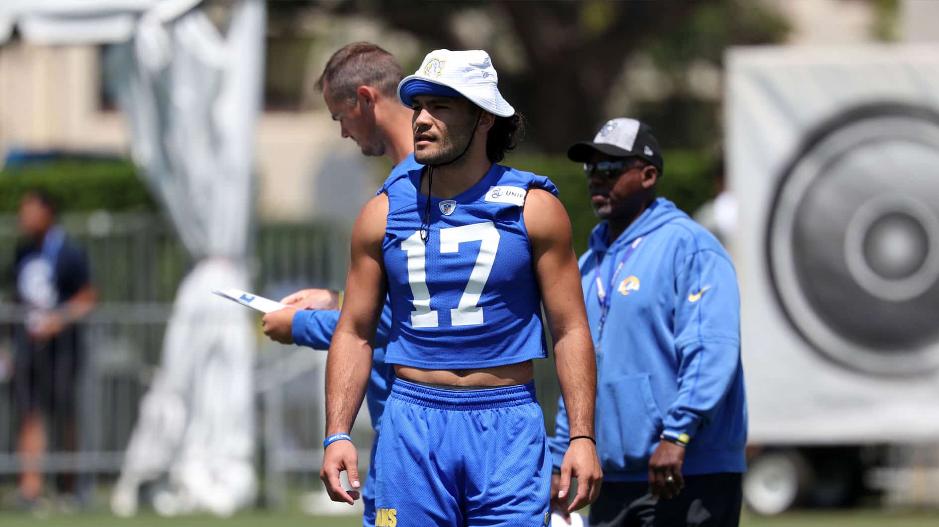  Los Angeles Rams wide receiver Puka Nacua (17) looks on during training camp at Loyola Marymount University.