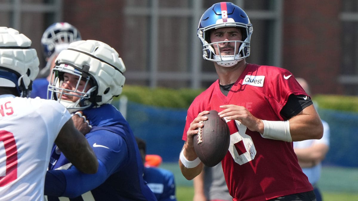 East Rutherford, NJ -- August 1, 2024 -- Quarterback, Daniel Jones during practice today at training camp for the New York Giants.