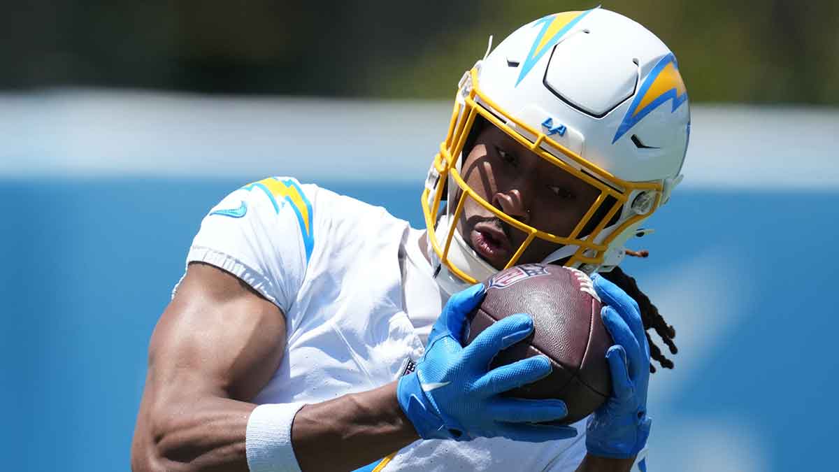 Los Angeles Chargers wide receiver Quentin Johnston (1) catches the ball during organized team activities at Hoag Performance Center. 
