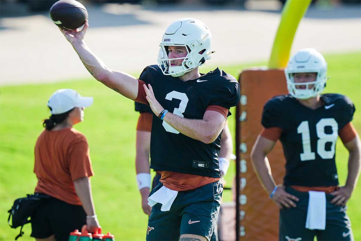 Texas Longhorns quarterback Quinn Ewers during the first day with pads of the fall football camp at Denius Fields on Monday, August 5, 2024.