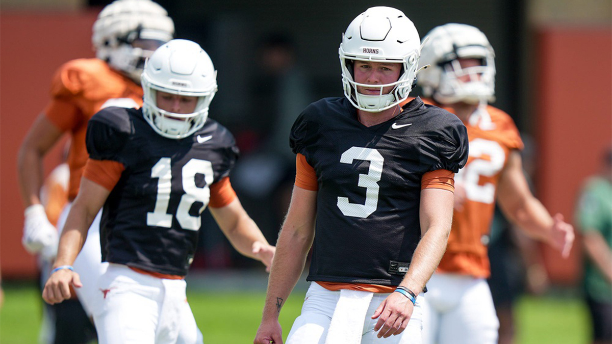 Texas Longhorns QB Quinn Ewers during the sixth day in full pads during fall football camp practice for the Texas Longhorns at Denius Fields on Tuesday, August 6, 2024.