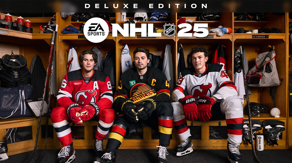 Quinn, Jack, and Luke Hughes Grace NHL 25 Deluxe Edition Cover