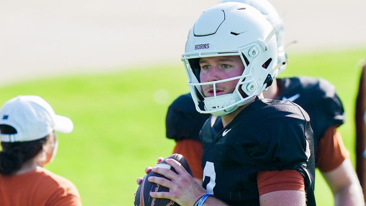 Texas Longhorns quarterback Quinn Ewers during the first day with pads of the fall football camp at Denius Fields on Monday, August 5, 2024.