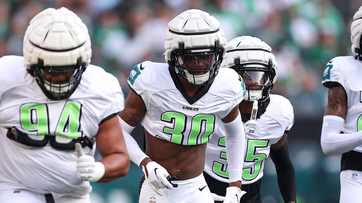 Philadelphia Eagles cornerback Quinyon Mitchell (30) during a training camp practice at Lincoln Financial Field.