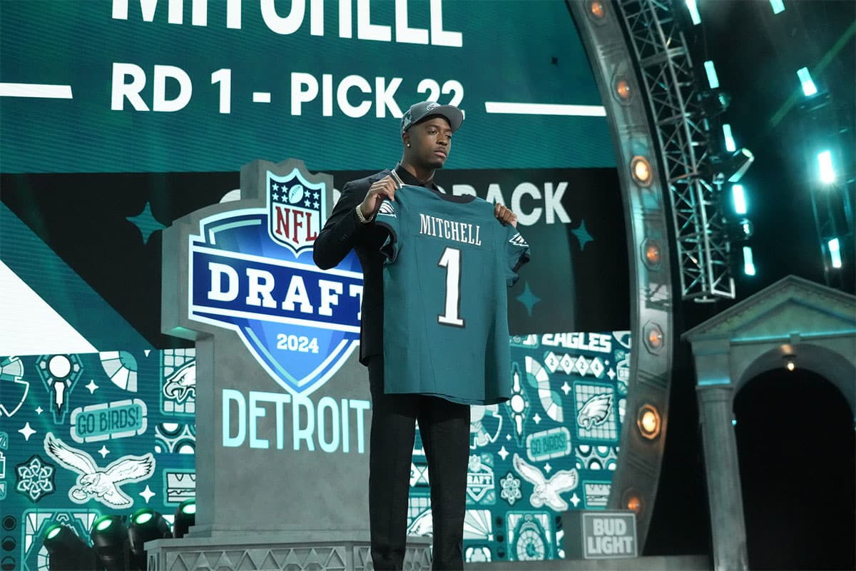 Toledo Rockets cornerback Quinyon Mitchell poses after being selected by the Philadelphia Eagles as the No. 22 pick in the first round of the 2024 NFL Draft at Campus Martius Park and Hart Plaza. 