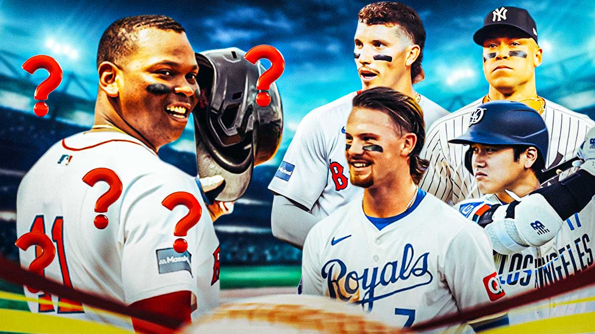 Rafael Devers smiling while looking at Dodgers' Shohei Ohtani, Royals' Bobby Witt, Yankees' Aaron Judge, and Red Sox's Jarren Duran, with question marks all over Devers