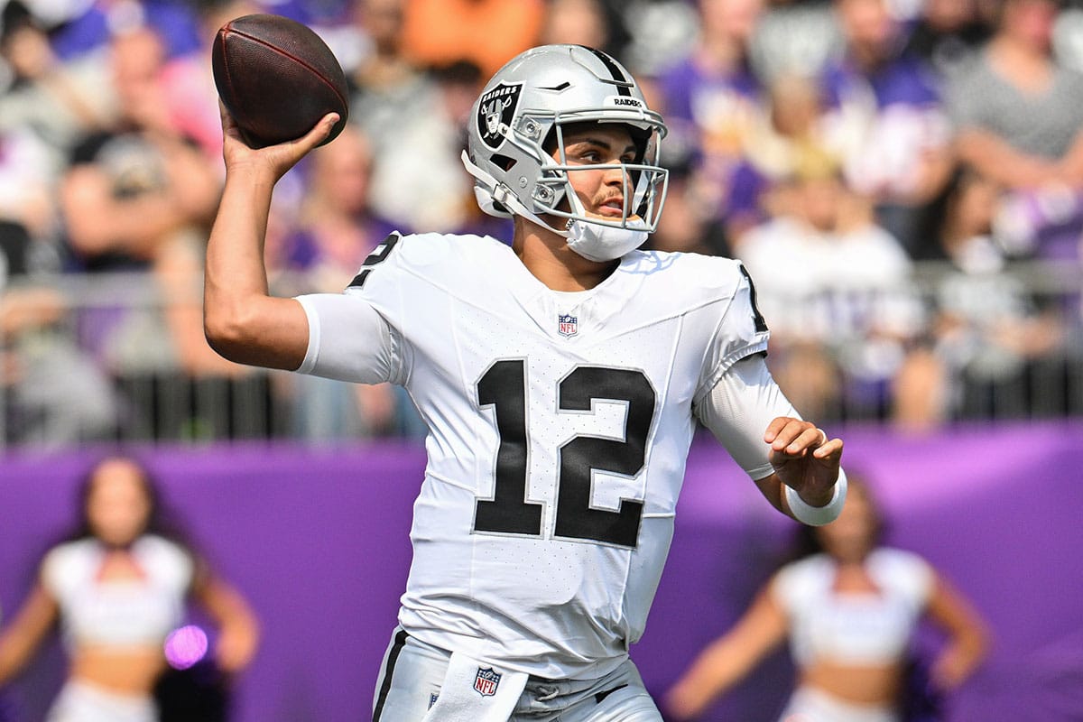 Las Vegas Raiders quarterback Aidan O'Connell (12) throws a pass against the Minnesota Vikings during the first quarter at U.S. Bank Stadium.