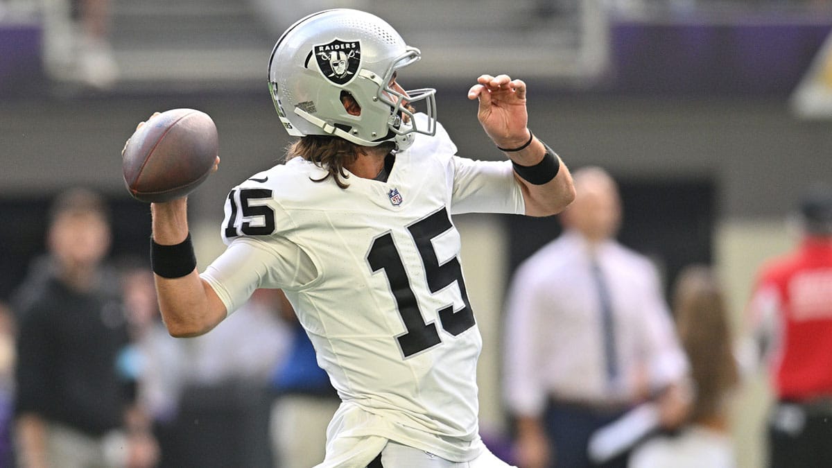 Las Vegas Raiders quarterback Gardner Minshew (15) throws a pass against the Minnesota Vikings during the second quarter at U.S. Bank Stadium.