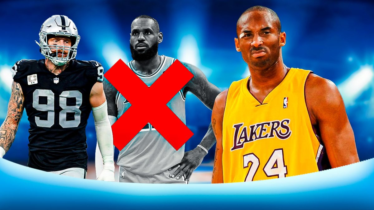 Maxx Crosby next to a greyed out, crossed out LeBron James with big X over him and Kobe Bryant in color bigger in front of Lebron