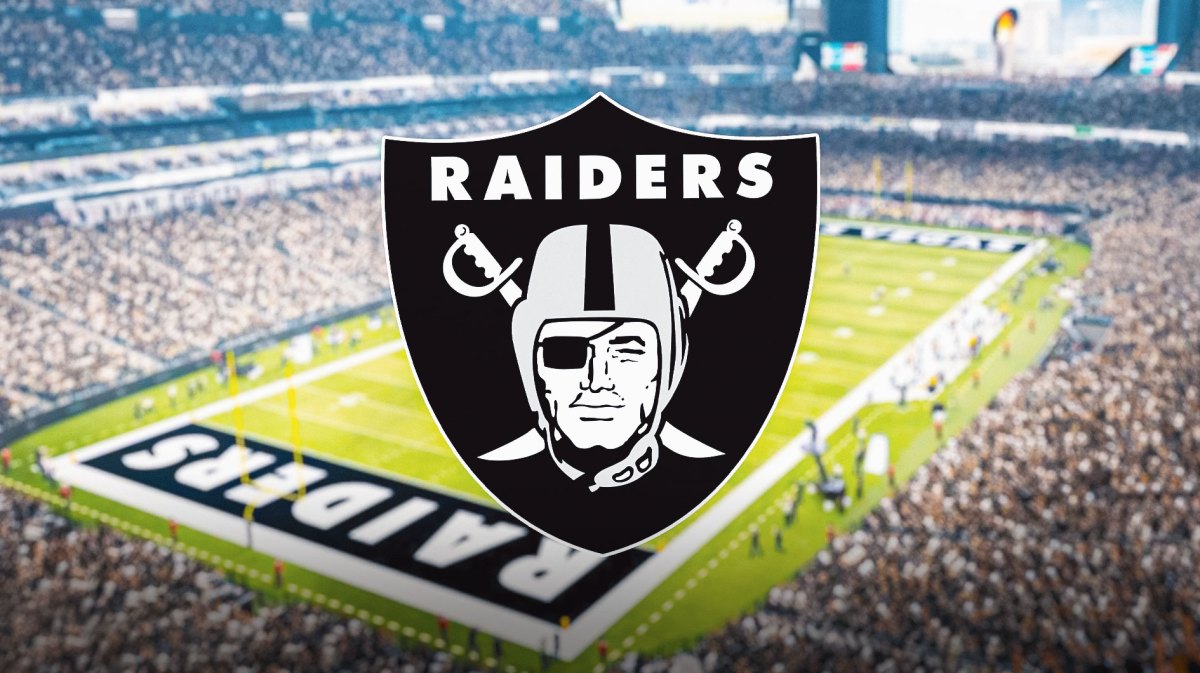 Raiders logo stands in front of fans speaking on arrest before 2024 NFL season, Chandler Jones in background