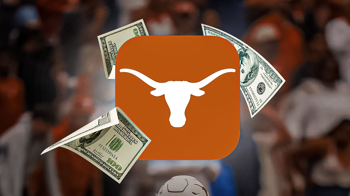 Texas football logo, Raja Bell's son Dia in background next to NIL logo