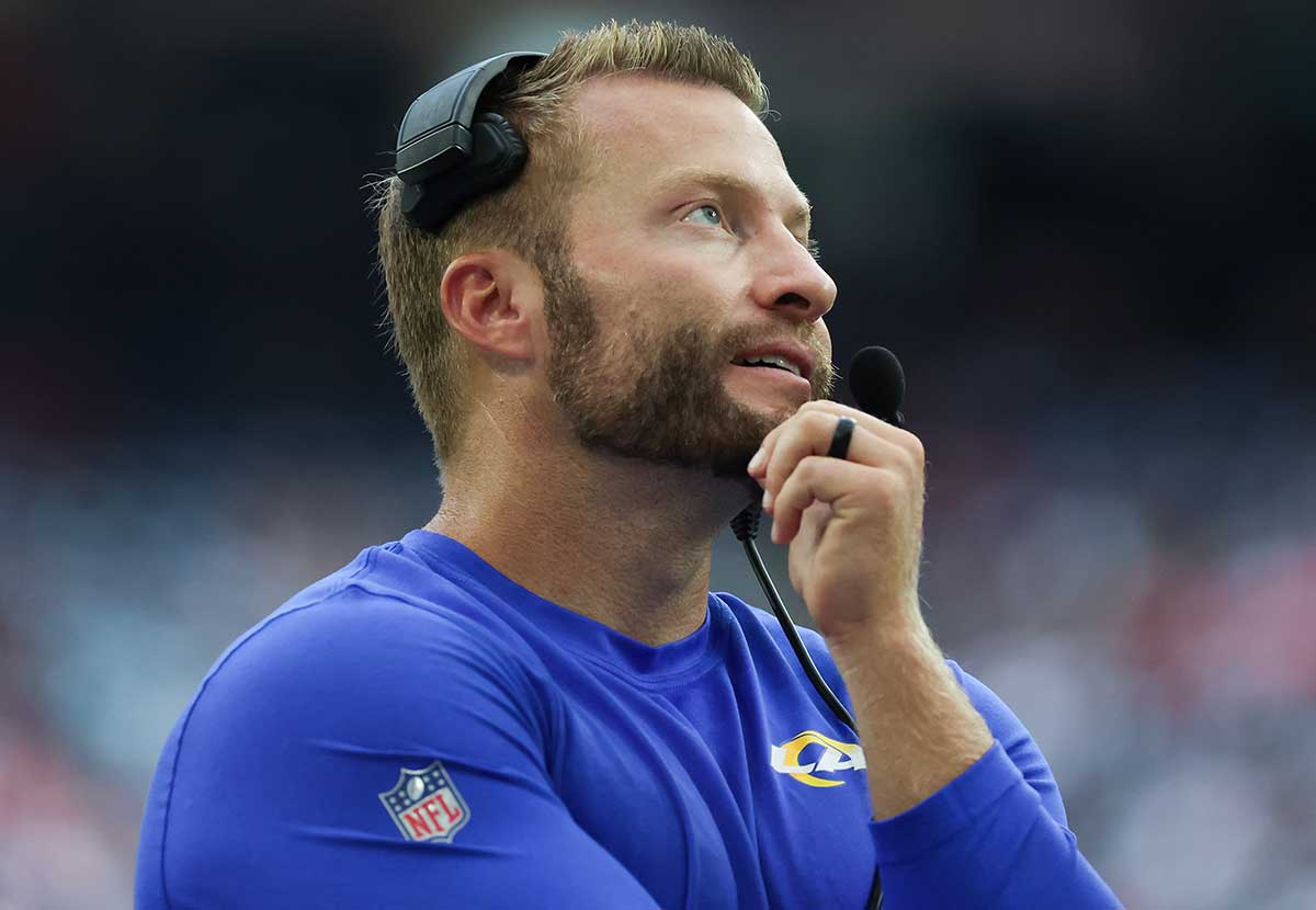 Los Angeles Rams head coach Sean McVay walks the sidelines as he coaches against the Houston Texans in the fourth quarter at NRG Stadium.