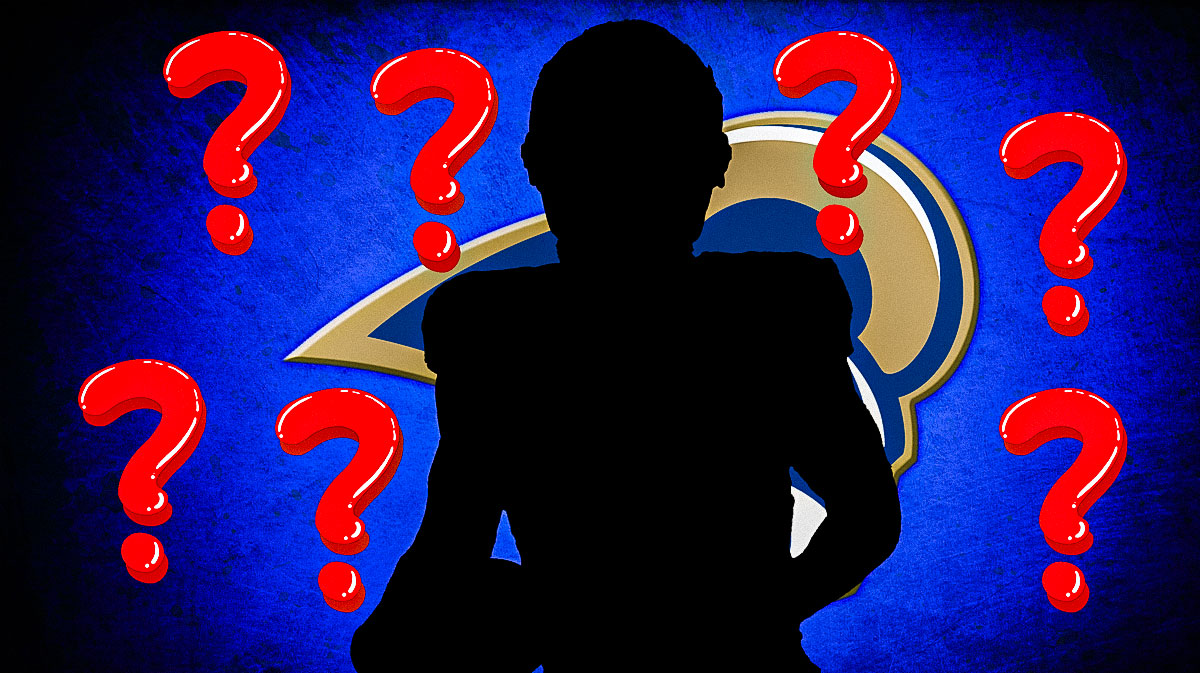 A silhouetted Rams player surrounded by question marks with a Los Angeles-themed BG.