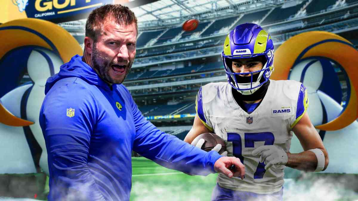 Los Angeles Rams head coach Sean McVay and star Puka Nacua in front of SoFi Stadium.