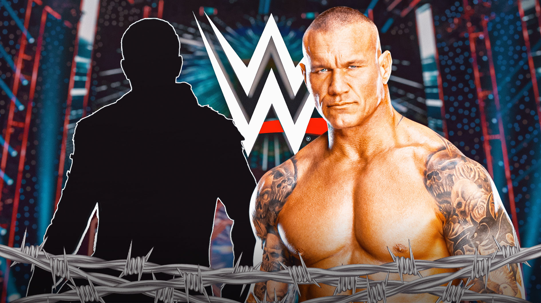 Randy Orton next to the blacked-out of Cody Rhodes with the WWE logo as the background.