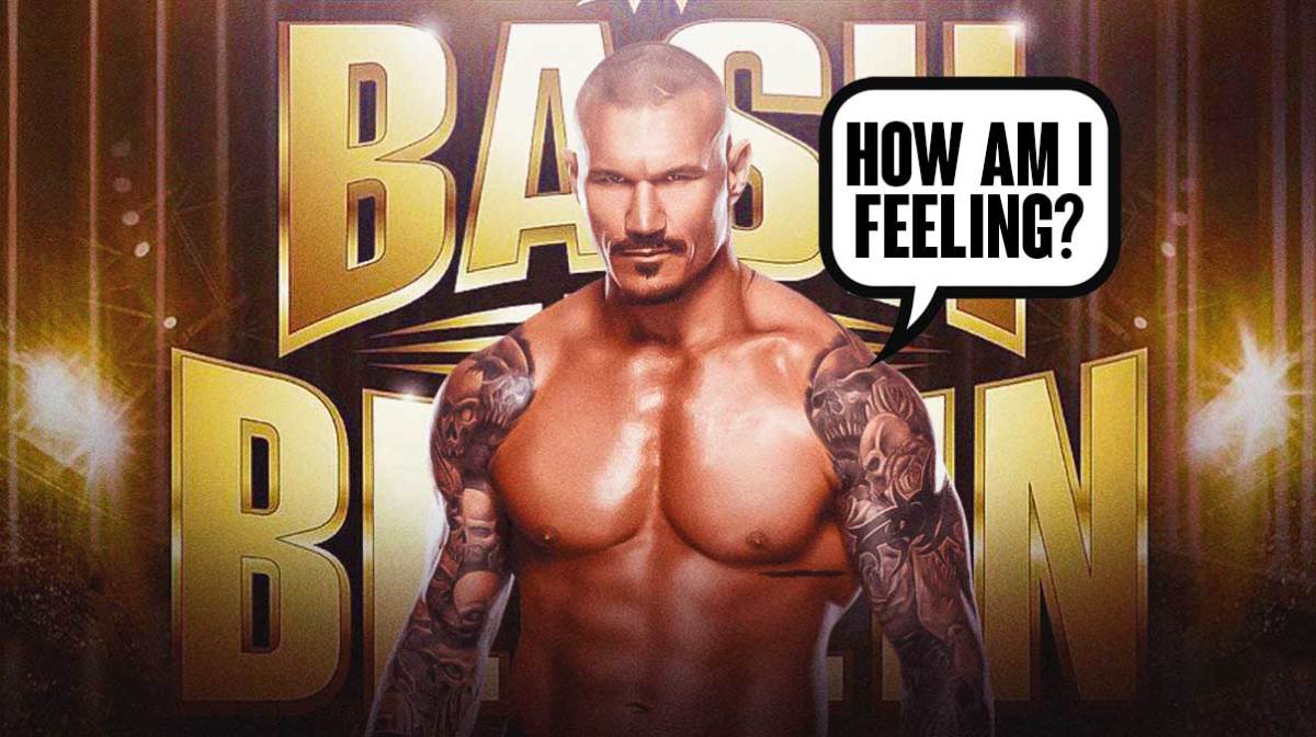 Randy Orton with a text bubble reading "How and I feeling?" in front of the Bash in Berlin logo