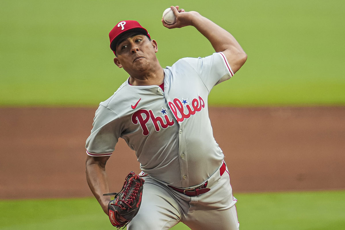 Philadelphia Phillies pitcher Ranger Suarez (55) pitches against the Atlanta Braves during the first inning at Truist Park.