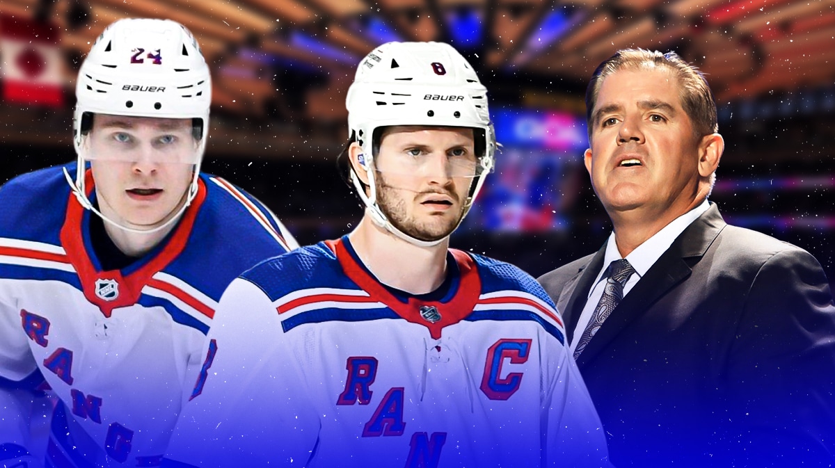 Peter Laviolette, Jacob Trouba, and Kaapo Kakko in front of Madison Square Garden