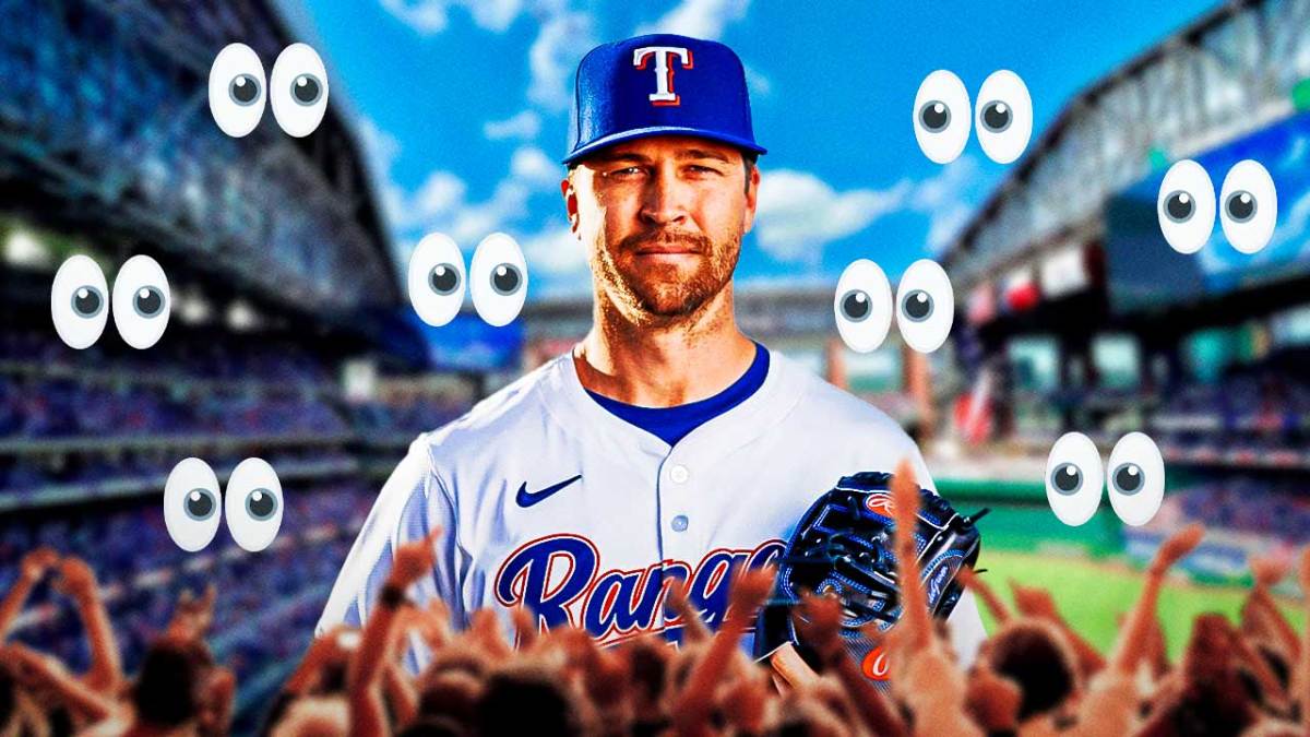 Jacob DeGrom in Rangers jersey surrounded by eyeball emojis