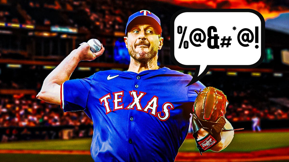 Rangers' Max Scherzer looking angry with a speech bubble containing grawlix