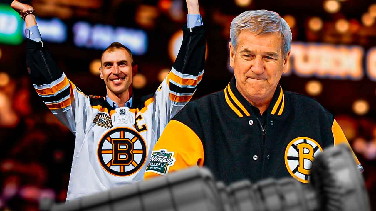 Bobby Orr and Zdeno Chara in front of Stanley Cup