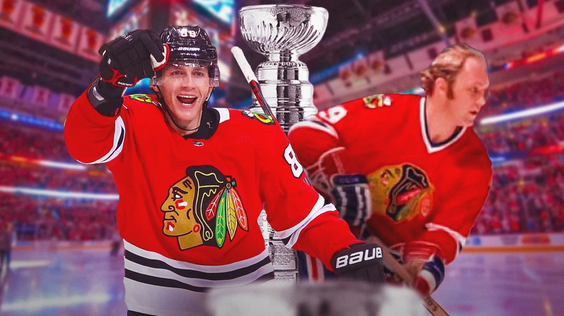 Patrick Kane in chicago uniform and Bobby Hull in chicago uniform with Stanley Cup behind them