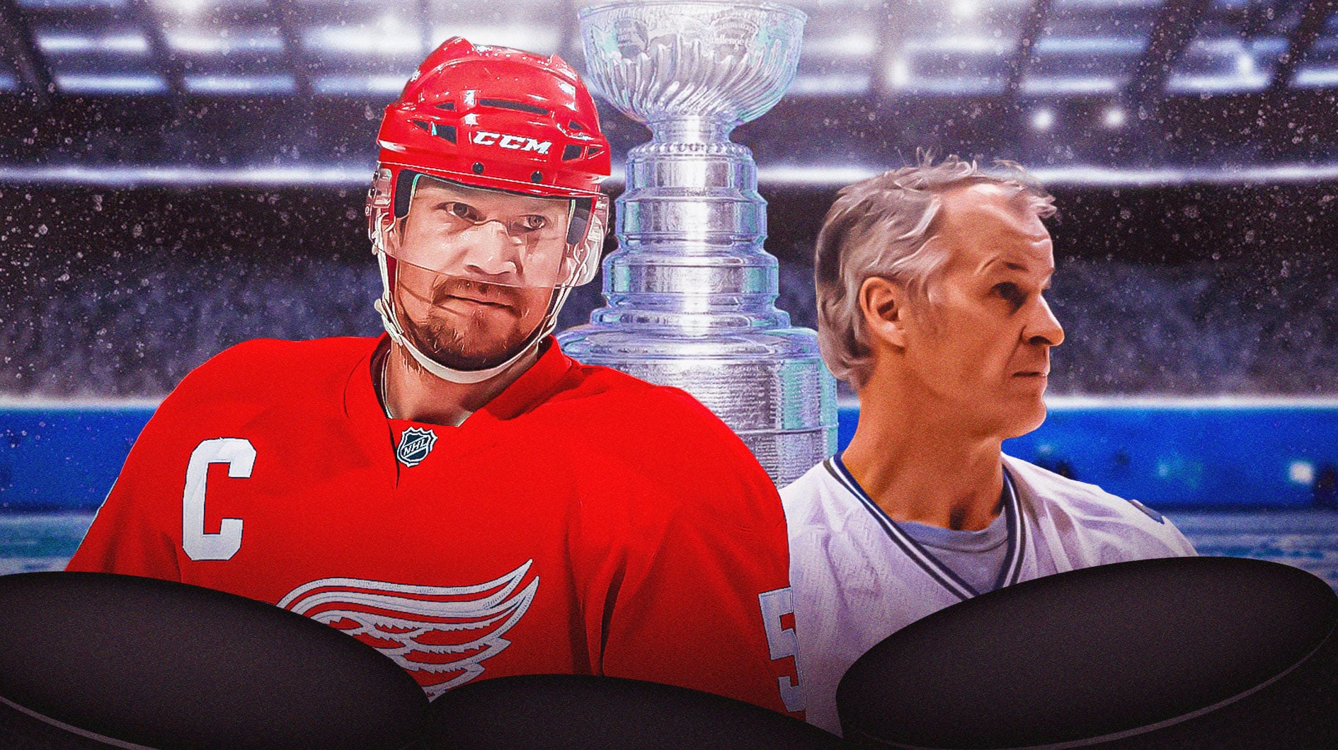 Nicklas Lidstrom and Gordie Howe in front of Stanley Cup