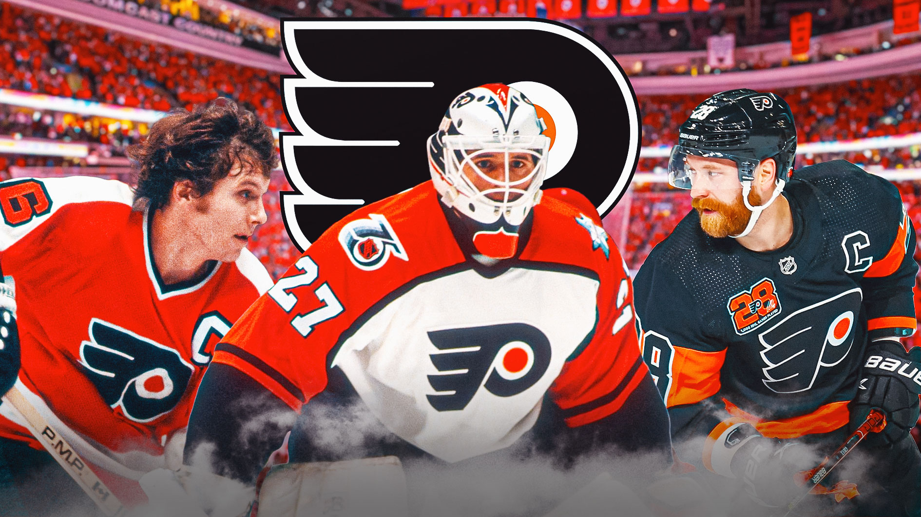 Bobby Clarke, Ron Hextall, and Claude Giroux in front of Flyers logo