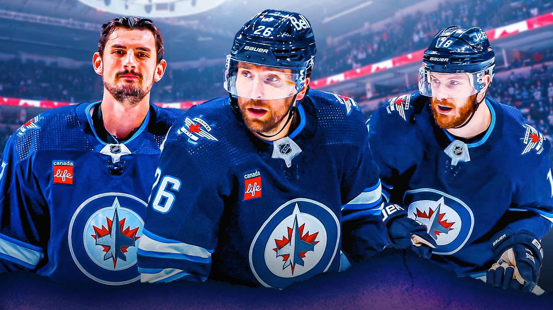 Blake Wheeler, Ilya Kovalchuk, and Connor Hellebuyck in front of Winnipeg Jets logo