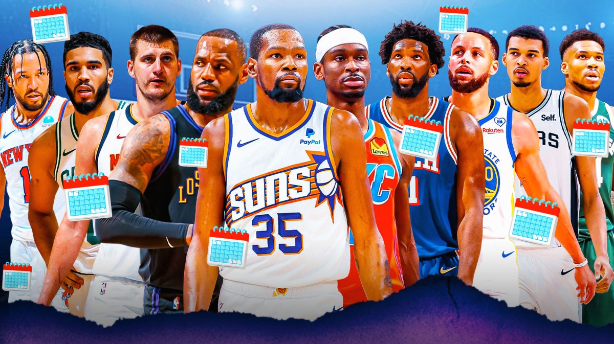 Jalen Brunson, Jayson Tatum, Nikola Jokic, LeBron James, Kevin Durant, Shai Gilgeous-Alexander, Joel Embiid, Steph Curry, Victor Wembanyama, Giannis Antetokounmpo all together. Calendars all around the graphic.