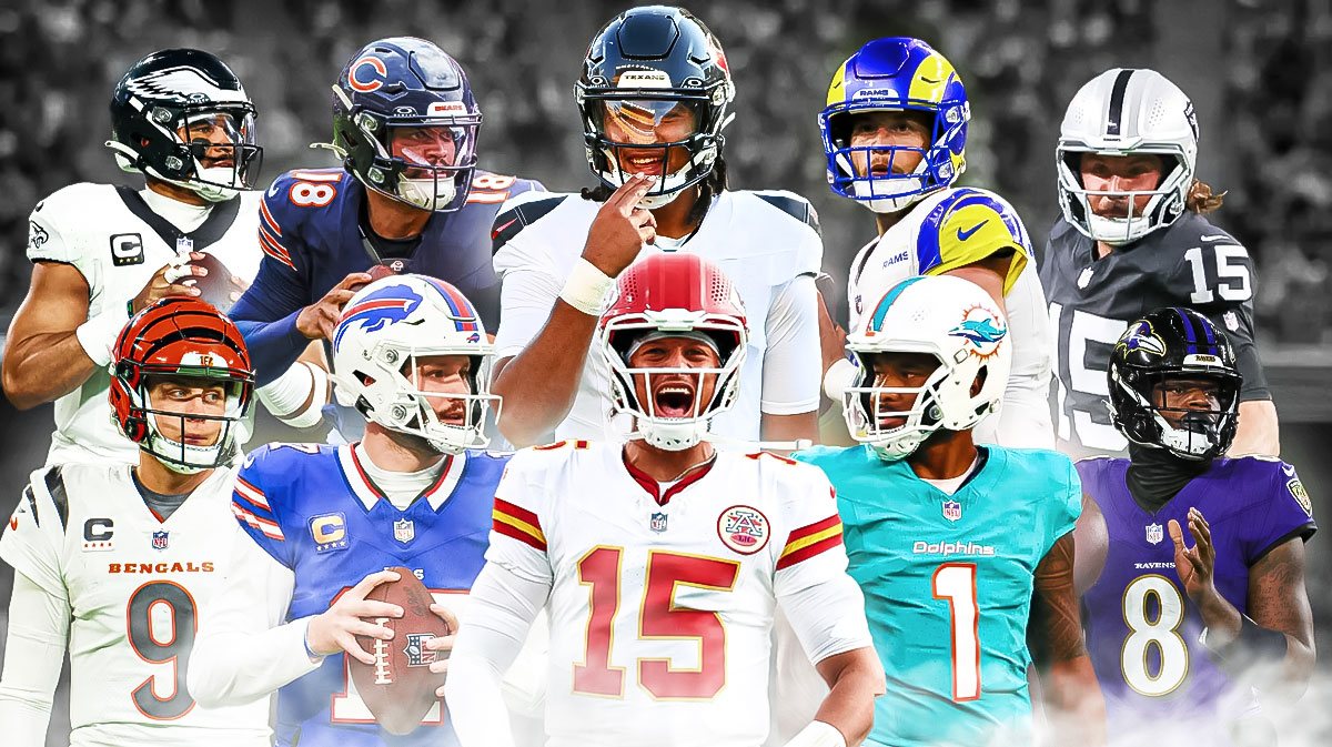 Joe Burrow, Patrick Mahomes, Josh Allen, Tua Tagovailoa, Lamar Jackson, Jalen Hurts, Caleb Williams, Gardner Minshew, Matthew Stafford, C.J. Stroud all together.
